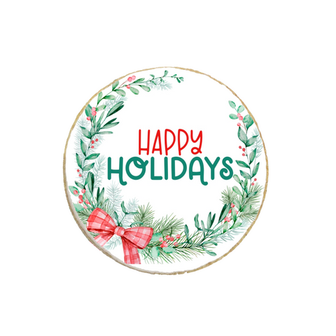 "Happy Holidays" Christmas & New Year Round Custom Cookie