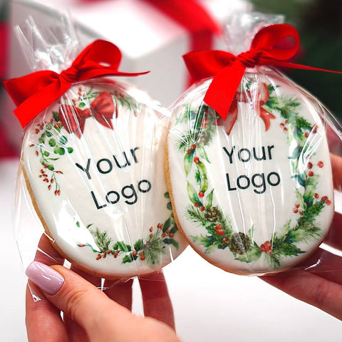 Custom Logo Christmas & New Year Oval Cookie | With Ribbon