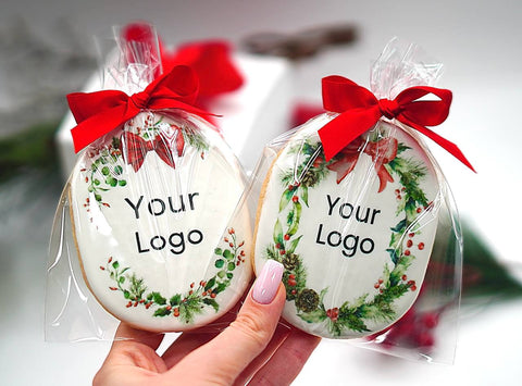 Custom Logo Christmas & New Year Oval Cookie | With Ribbon